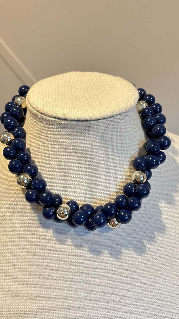 Chunky Navy Blue and Gold-Tone Beaded Multi-Strand Necklace